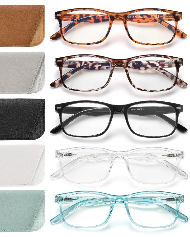 JOLISU 5 Pack Reading Glasses for Women/Men Spring Hinges Lightweight Readers Glasses,Blue Light Reading Glasses Anti Eyestrain (1.50)